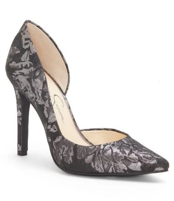 Jessica Simpson Livvy Women's sz.10M Silver Black Floral Brocade Pumps - Image 1 of 4