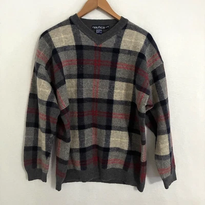 Vtg 90s Nautica Wool Sweater Mens XL Plaid Knit V-Neck Preppy Ivy Party Tennis - Image 1 of 4
