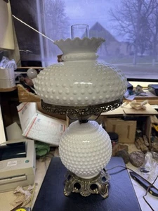 Vintage Accurate Casting Milk Glass Hobnail Hurricane Lamp Working Beautiful 22” - Picture 1 of 16