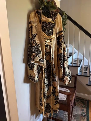 MEDIEVAL/ REN FAIR GOWN GOLD WITH BLACK FLOCKING PREOWNED EXCEL CONDITION - Image 1 of 4