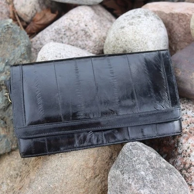 复古鳗鱼皮黑色皮革手拿包 手提包 美丽复古 20 世纪 50 年代包 — 第 1/4 张图片