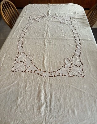 Dulce mantel vintage Bege lino estilo encaje Battenburg 61" por 80" Foto 1 de 4