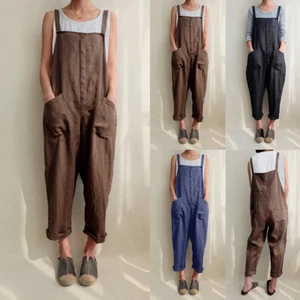 Women Cotton Linen Jumpsuits Pockets Dungarees Baggy Overalls Trousers Romper US - Picture 1 of 44
