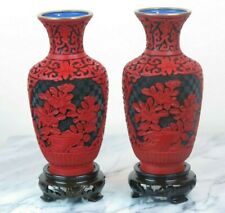 2 Chinese Carved Lacquer Cinnabar Floral Vases Red & Black Wood Stand 6"H New 