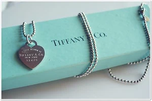 Tiffany Co Sterling Silver Return to Tiffany Heart  w Tiffany 33" Beadball Chain - Picture 1 of 12