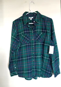 Croft Barrow Womens Top PM Green Plaid 100% Cotton Flannel Button Up NEW - Imagen 1 de 3