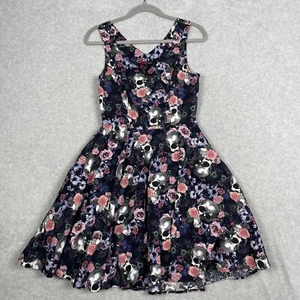 Hell Bunny Womens Fit Flare Dress Size M Floral Skulls Rockabilly Cut Out Punk - Picture 1 of 13