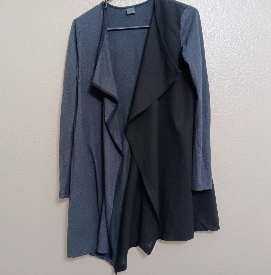 Crea Concept 36 S Gray Mixed Media Jersey Knit Chiffon Colorblock Open Cardigan - Image 1 of 4