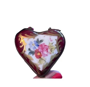 Limoges Vintage Rose Deep Red Heart Shaped Trinket Box Hinged Lid Flower Clasp - Picture 1 of 12