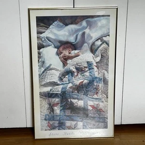 VTG 1988 Steve Hanks “Crib Quilt” Print Gold Metal Frame Large 20x32.5” - Picture 1 of 21