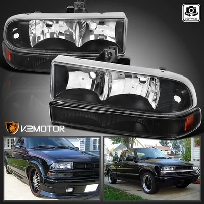 Black Headlights Bumper Lamps Fits 1998-2004 Chevy S10 Blazer Pickup Left+Right Foto 1 de 4