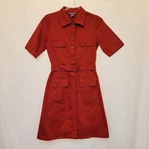 H&M Red Full Button Front Shirt Utility Dress Belted Short Sleeve Wmn's Sz 6  - Picture 1 of 6