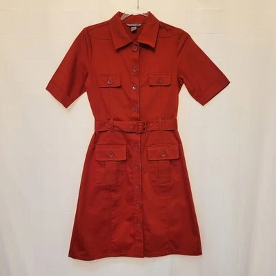 H&M Red Full Button Front Shirt Utility Dress Belted Short Sleeve Wmn's Sz 6  - Image 1 of 4