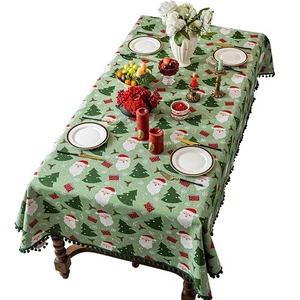 Christmas Trees Santa Reindeer Patchwork Tablecloth Dining Table Cover Pom-pom - Picture 1 of 30