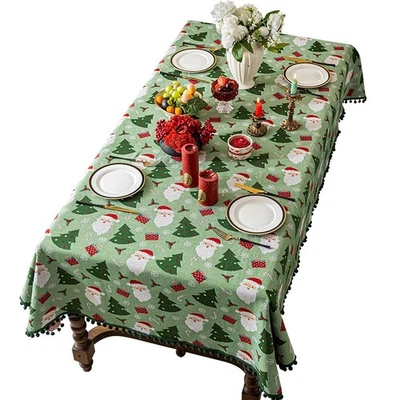 Christmas Trees Santa Reindeer Patchwork Tablecloth Dining Table Cover Pom-pom - Image 1 of 4