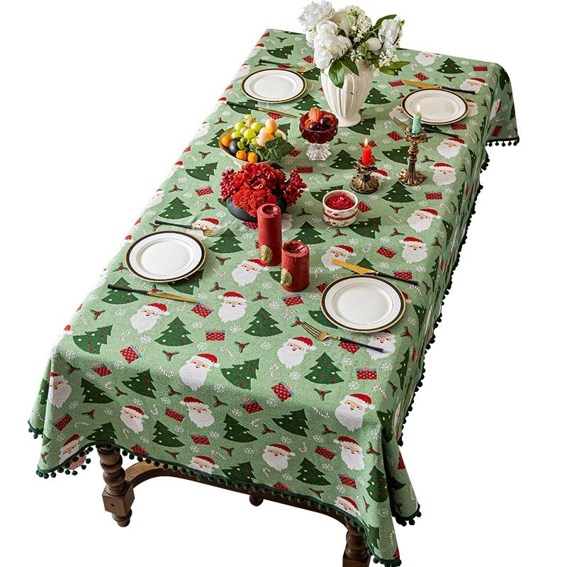 Christmas Trees Santa Reindeer Patchwork Tablecloth Dining Table Cover Pom-pom - Image 1 of 4