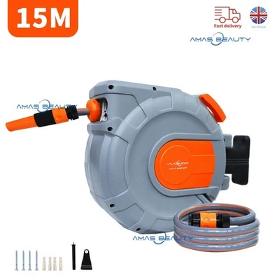 Garden Patio Hose Reel Wall Mounted Retractable Auto Rewind Pipe 180° UK 15m - Image 1 of 4