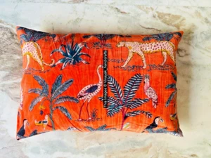 Orange Animal Printed Velvet Cushion Cover Pillow Throw Indian Handmade Cover - Picture 1 of 7