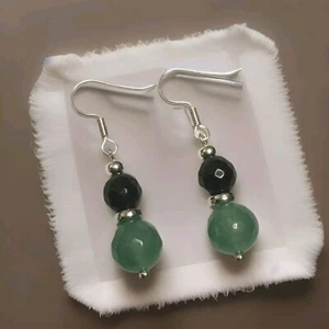 Green Emerald and Onyz Gemstone Earrings In Silver Plate.drop dangle - Picture 1 of 8