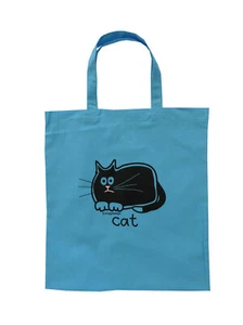 REUSABLE BAG: cute Black cat Aqua Blue cotton shopping bag. Ideal gift. - Picture 1 of 12
