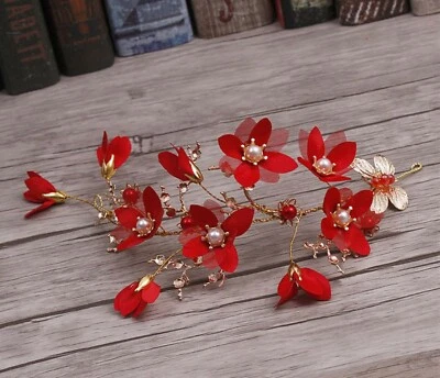 Mujeres Niña Flor Roja Hoja Boda Fiesta Cabello Diadema Tiara Guirnalda Fascinador Foto 1 de 4