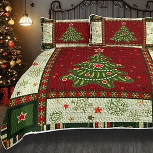  3 Piece Cute Christmas Tree Quilt Set Red Green King Size Snowflakes Pattern  - Picture 1 of 7