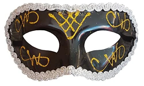 Maschera Veneziana Colore Nero con decori dorati e argento Rigida L.91067 - Immagine 1 di 2