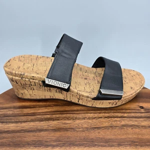 Vionic Sandals Women's 10 Black Leather Pepper Wedge Straps Orthotic Slides - Picture 1 of 9