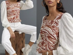 ANTHROPOLOGIE x LOVE THE LABEL Smocked Puff Sleeve Square Neck Blouse XL - Picture 1 of 15