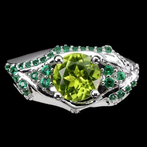 Estate 925 Anello Argento Rotondo Peridoto 7mm Finto Zirconia Cubica Gemma Gioie - Foto 1 di 10