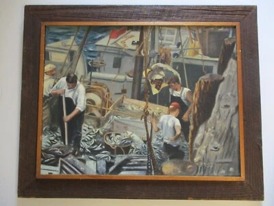 Antique Painting Fisherman Workers Industrial Regionalism Wpa Style Nautical Oil - Image 1 of 4