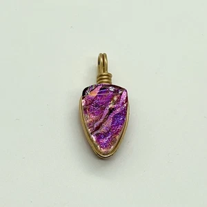 Handcrafted Dichroic Glass Pendant Pink Gold Tone Wire Wrap - Picture 1 of 6