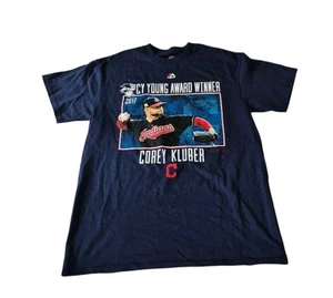 Majestic T Shirt Medium Corey Kluber Cleveland Indians 2017 CY Young Winner Blue - Picture 1 of 6