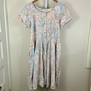 Vintage 80s 90s Pastel Floral Button Down Midi Dress Plus 18 Coquette Ballet - Picture 1 of 4