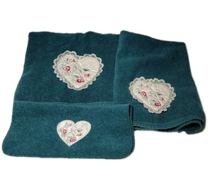 Vintage Cannon Bath Towel Hand And Washcloth Green Hearts Lace Cottage - Picture 1 of 7