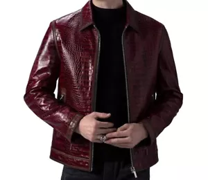 Men's Maroon Crocodile-Embossed Cowhide Leather Jacket Alligator Pattern - Picture 1 of 6