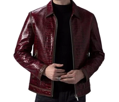 Men's Maroon Crocodile-Embossed Cowhide Leather Jacket - Alligator Pattern - Image 1 of 4