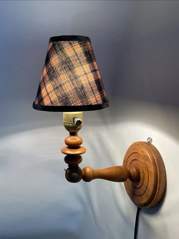 Vtg Turned Wood Wall Sconce Lamp Farmhouse Country Boys Room Plaid Nautical 50s Cover
