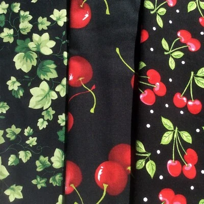 2.5 yds Cherries & Leaves Red, Green, Black Prints, 3 Cotton Fabric Pieces 44" - Image 1 of 2