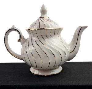 Staffordshire England Gibsons Cream Color Teapot Ornate Gold Swirls 7 1/2" Tall - Picture 1 of 10