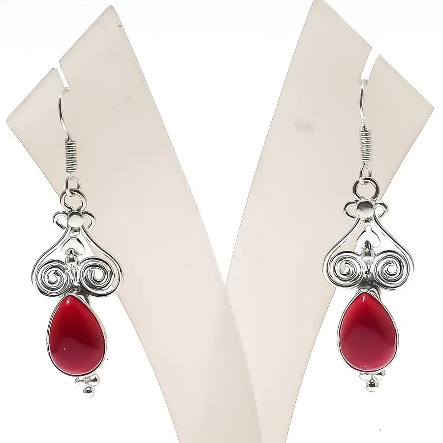 Red Coral Gemstone Handmade 925 Sterling silver Earring Size 2'' - Image 1 of 1