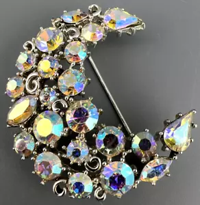 Vintage AB Rhinestone Brooch Crescent Half Moon Celestial Sparkle Signed Lisner - Picture 1 of 14