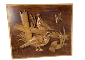 Quails Wood Carved Picture 3D Handmade David Meriwether Artist 14 X 12 Inches - Picture 1 of 3