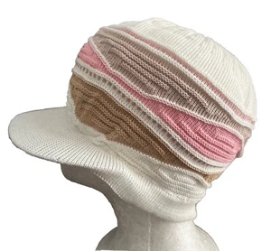 Nayt Visor Cotton Beanie Cap Stripe Khaki Pink White - Picture 1 of 1