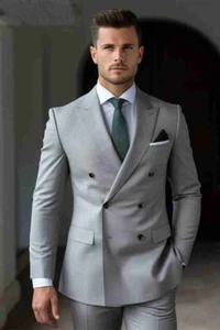 Traje clásico de doble botonadura gris redefinido para hombre, ajuste a medida para uso formal - Imagen 1 de 5