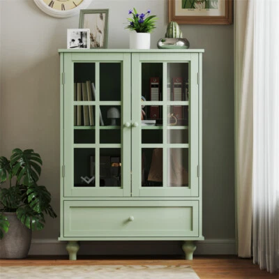 Modern Wooden Storage Sideboard w/Glass Doors&Drawer for Living Room Dining Room - Image 1 of 4