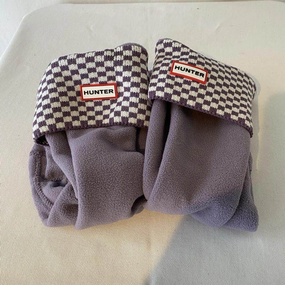 Meias de bota alta de lã Hunter grandes EUA W 8-10 quadriculado branco roxo - Imagem 1 de 3