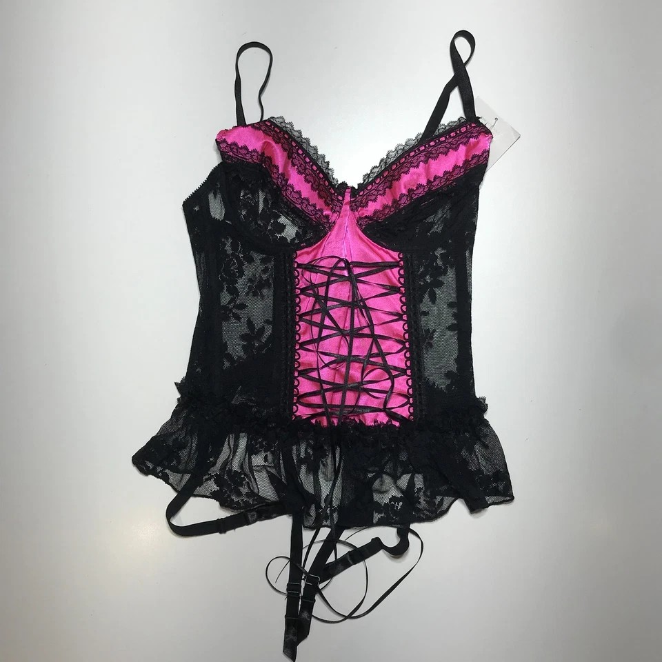 Leg Avenue Womens Satin Underwire Black & Pink Camigarter Lace Top Only Large - Image 1 of 4