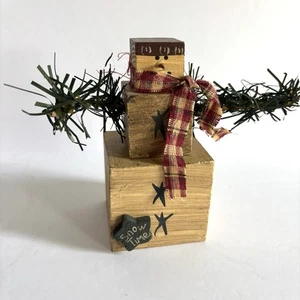 Primitive Style Snowman Decor 5” Wooden Block Country Christmas Figurine Brown - Picture 1 of 6
