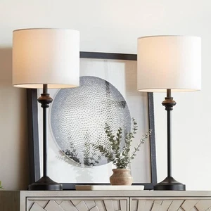 360 Lighting Lynn 26" Tall Skinny Buffet Modern Table Lamps Set of 2 Black Metal - Picture 1 of 12